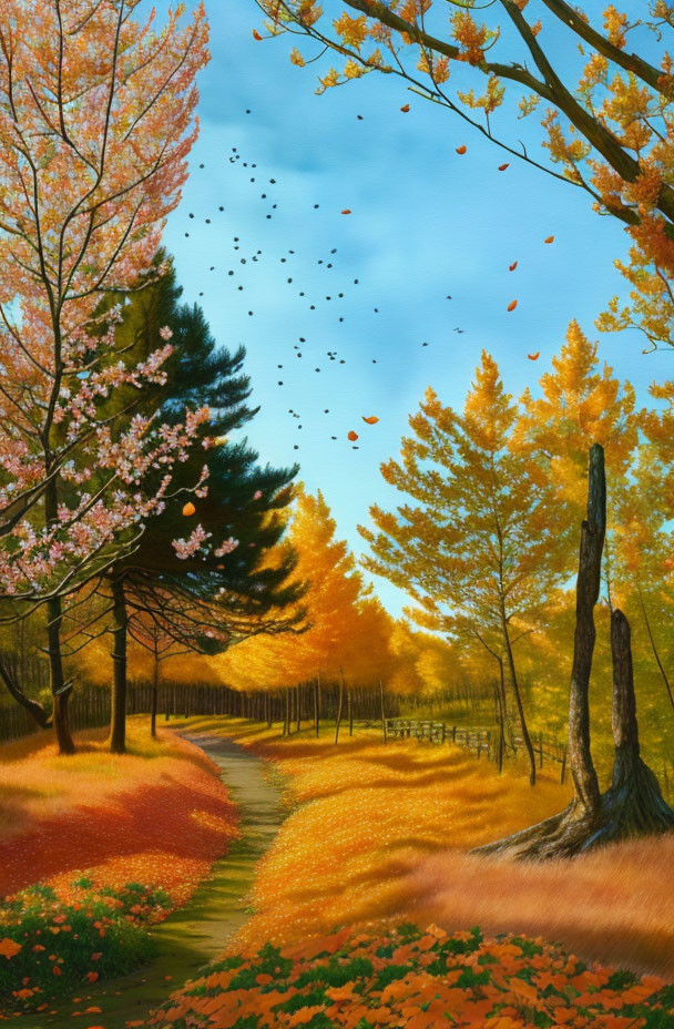 Tranquil Autumn Path with Colorful Trees and Falling Leaves