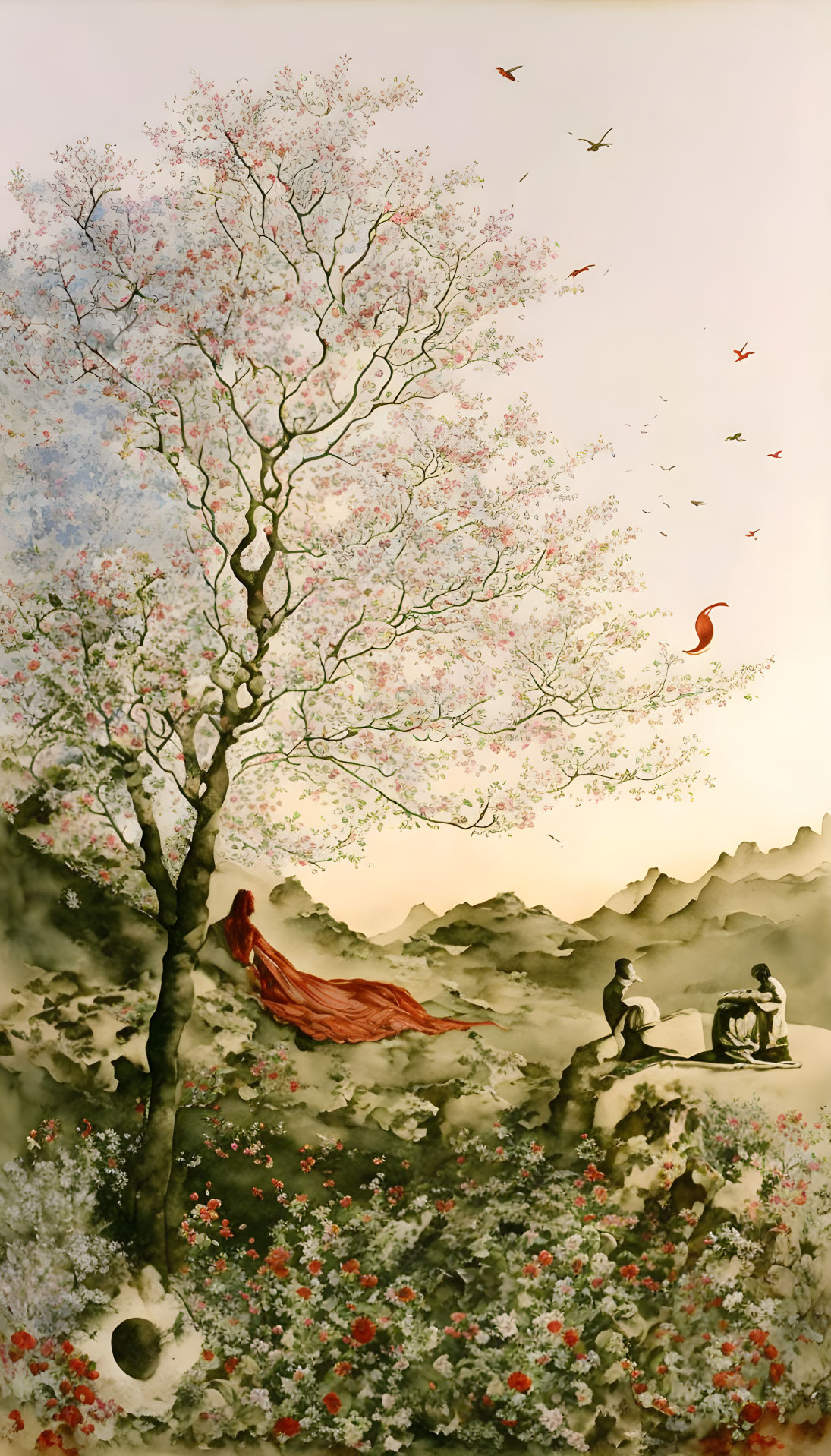 Tranquil painting with blooming tree, figure in red cloak, tea drinkers, soft-hued