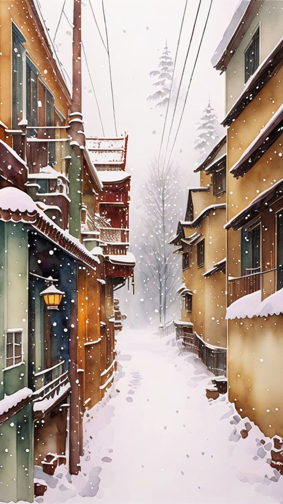 Snowy alley with traditional buildings and street lamp, snow-covered trees in background