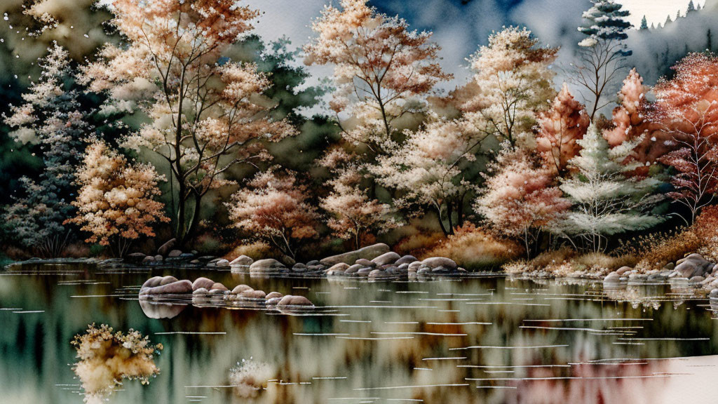 Tranquil autumn trees reflected on calm lake