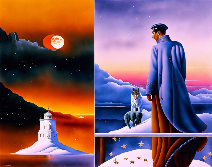 Lighthouse at Sunset and Officer with Cat in Surreal, Vibrant Scene