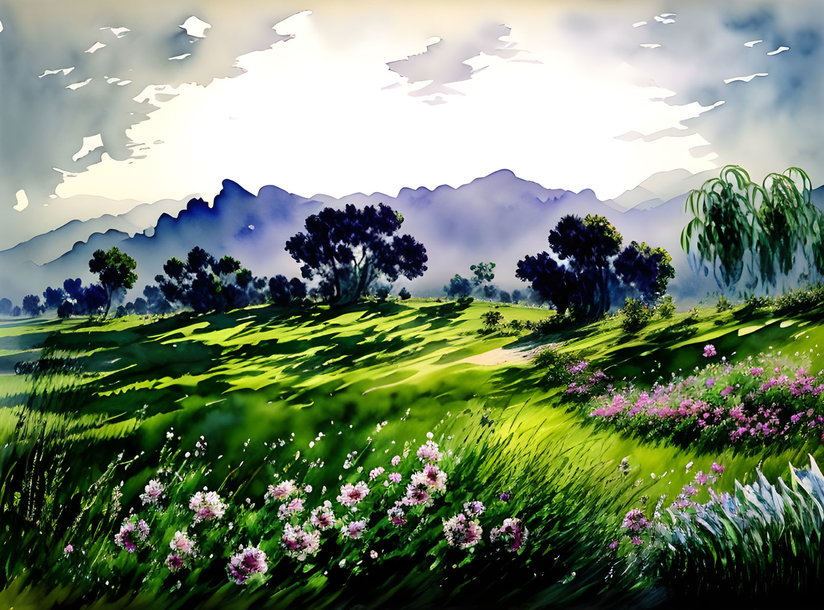 Lush meadow painting with flowering plants and silhouetted mountains