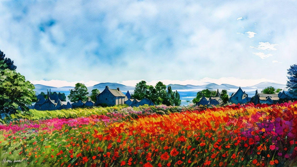 Colorful Watercolor Landscape: Red and Purple Flower Field with Houses, Blue Sky