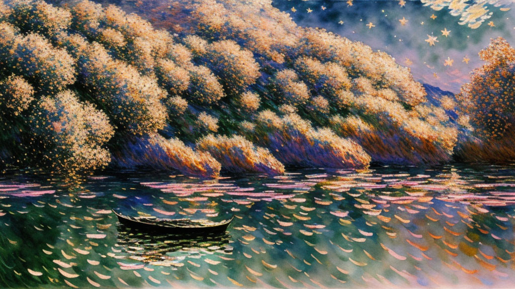 Impressionistic starlit night painting with boat on river and yellow blossoms.