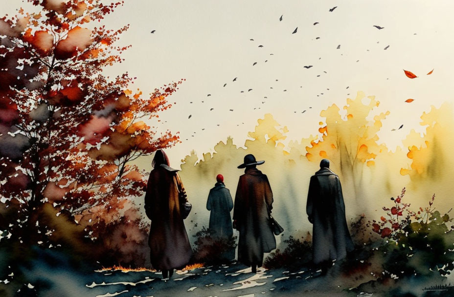 Silhouetted Figures Walking in Vibrant Autumn Scene