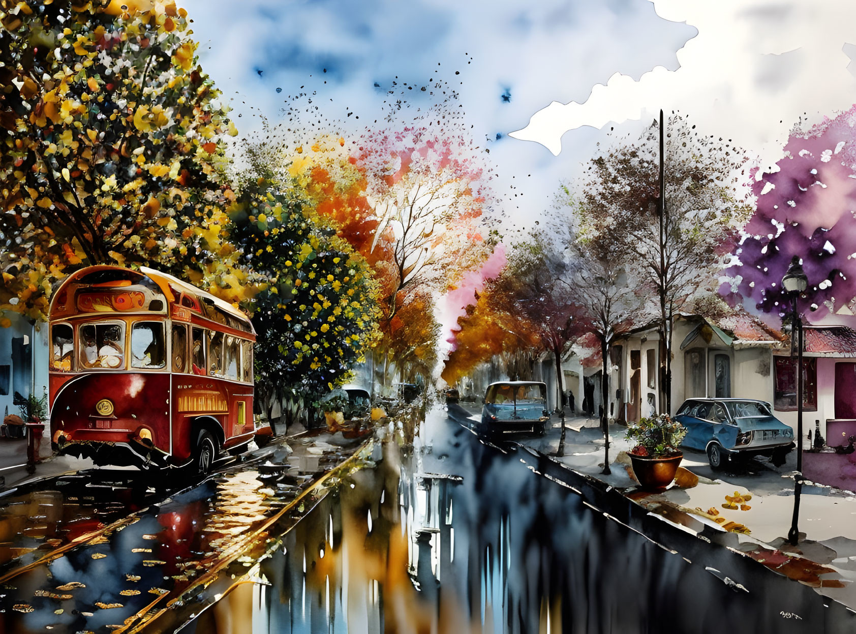 Vibrant street scene with red tram, autumn trees, cars, and reflections