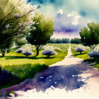 Tranquil watercolor painting of a scenic pathway with lush greenery and wildflowers at sunset