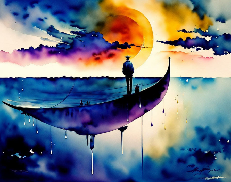 Vivid Watercolor Painting: Surreal Gondola Scene in Sunset Palette