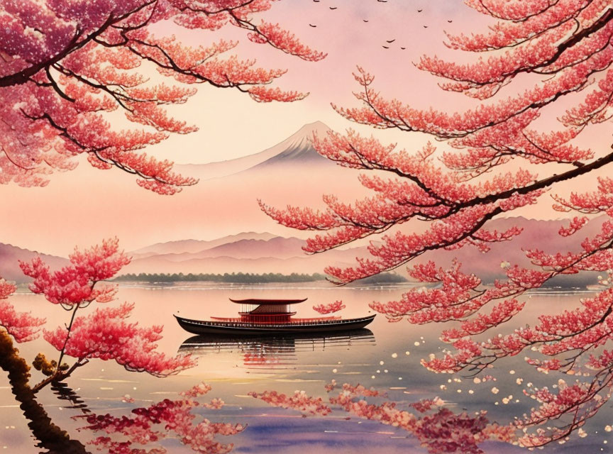 Japanese boat on calm lake with cherry blossoms and Mount Fuji at sunset