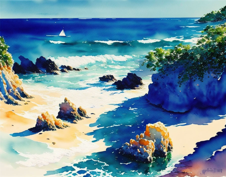 Sunny seascape watercolor painting with sailboat, rocky outcrops, and foamy waves