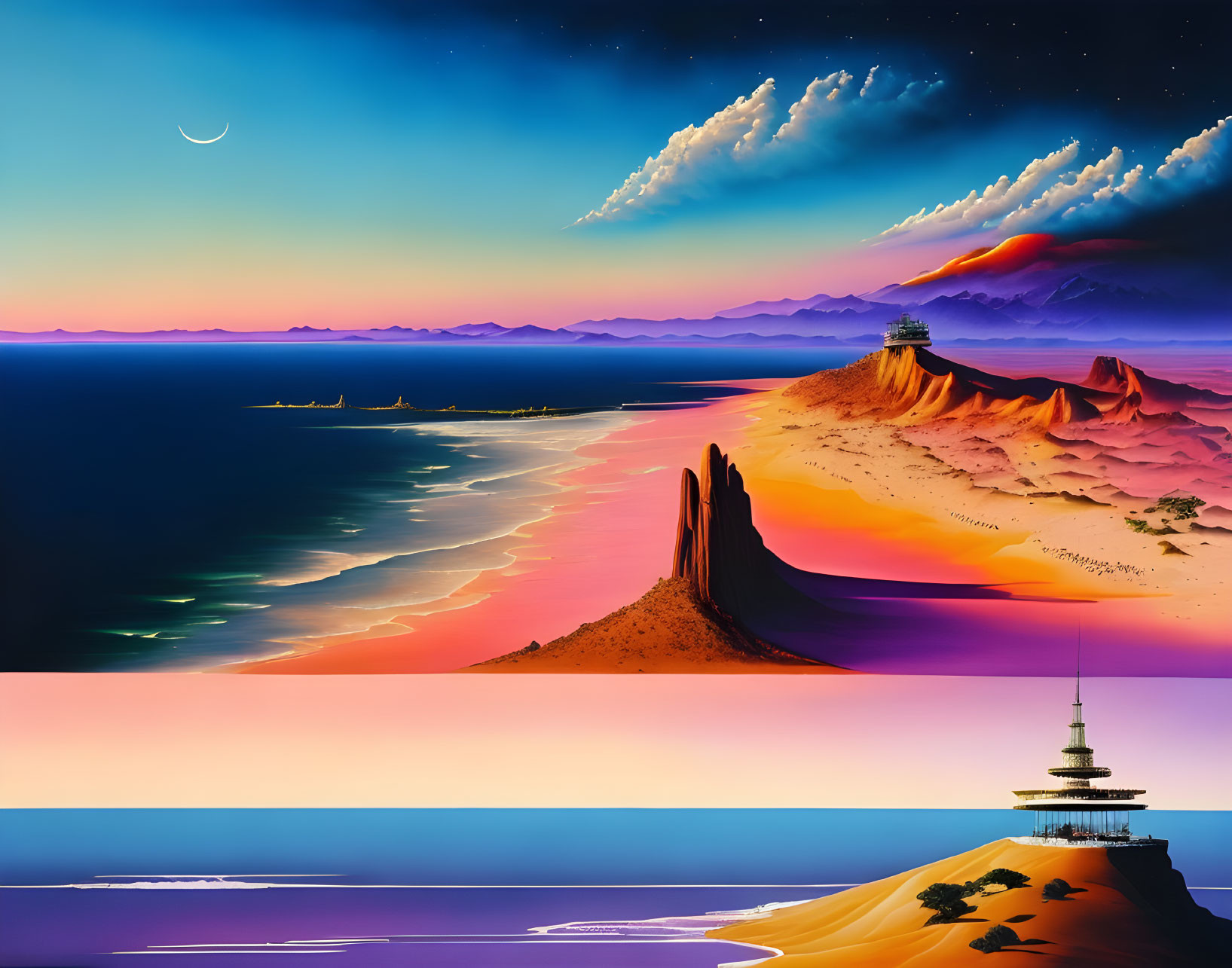 Surreal digital artwork: desert to coastal landscape under twilight sky