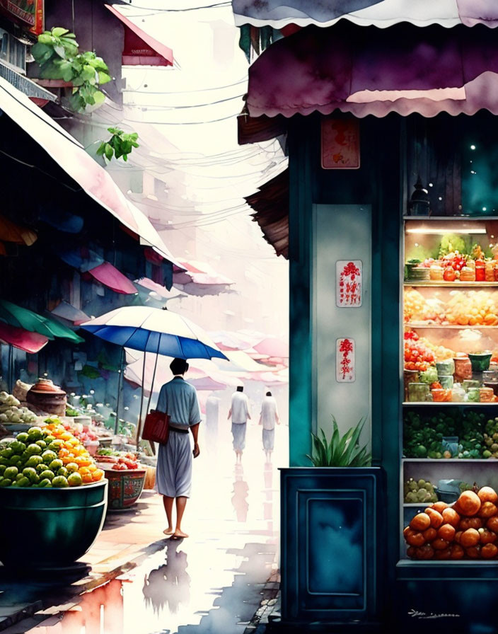 Busy Street Scene with Pedestrians, Fruit Stalls, and Hanging Laundry