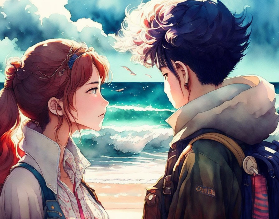 Animated characters in romantic sunset scene by the sea