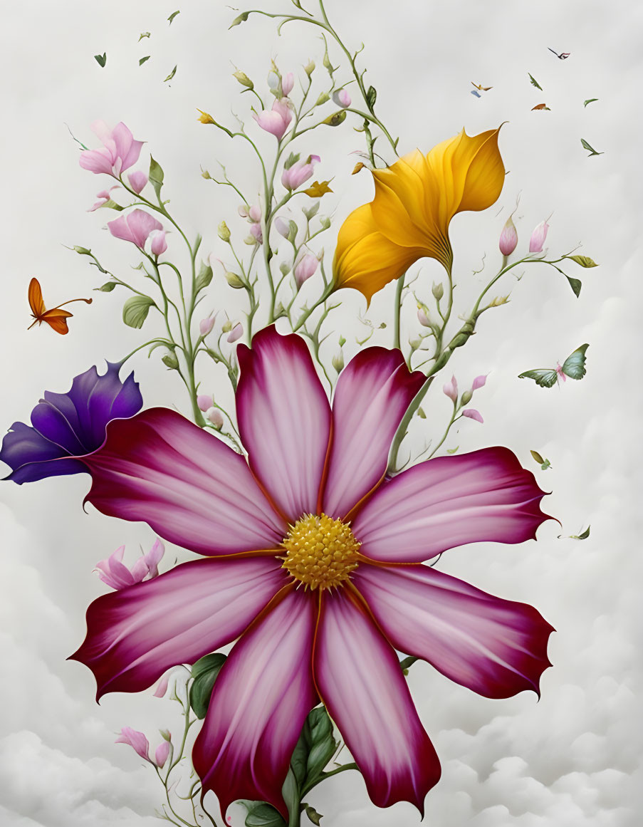 Colorful digital artwork: Oversized pink flower, butterflies, and greenery on cloudy sky backdrop