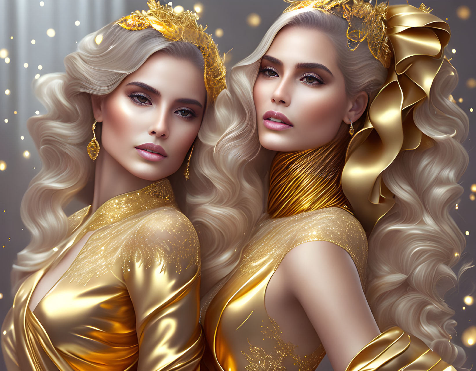 Golden-haired women in elegant attire and headpieces against shimmering backdrop