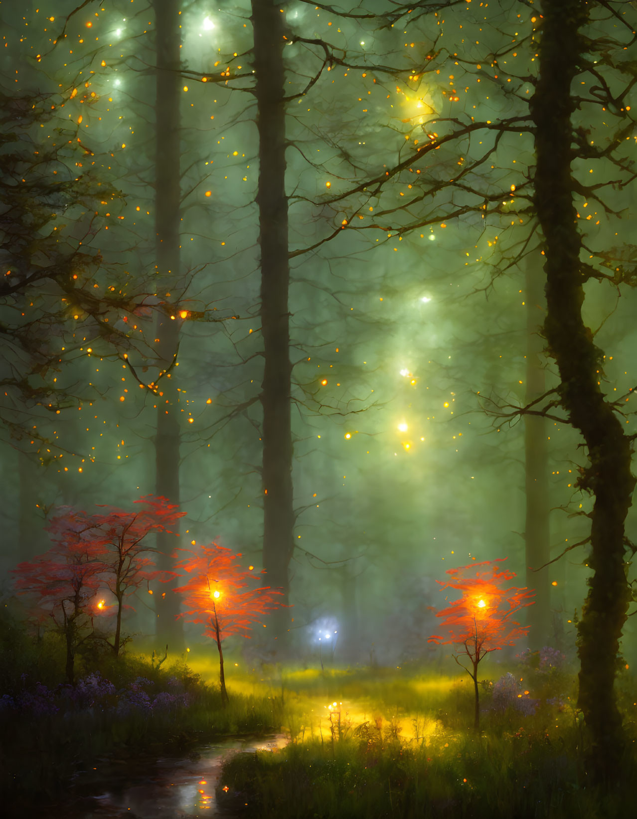 Enchanted forest with tall trees, soft lights, mist, red flowers, and path