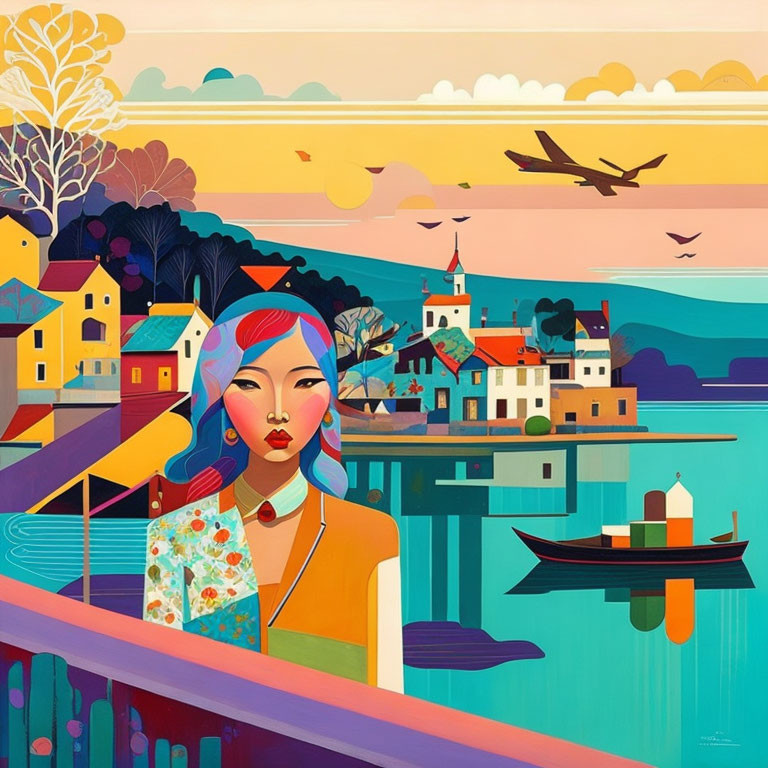 Colorful Illustration: Stylish Woman with Patterned Scarf & Coastal Village Background