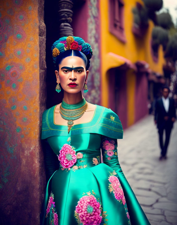 Vibrant green traditional dress with floral patterns and colorful accessories on city street.