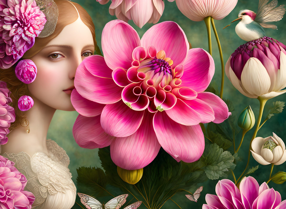 Surreal illustration of woman with pink flowers, bird, and butterflies