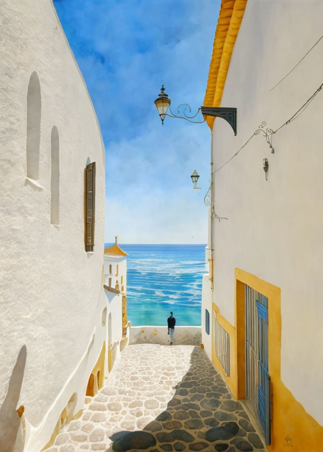 White-walled alleyway to calm sea with lone figure