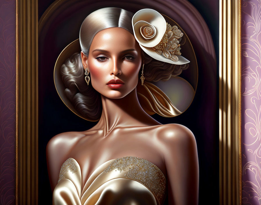 Woman in Stylish Hat and Golden Gown Illustration