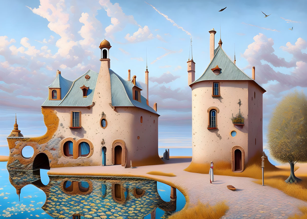 Surreal landscape with fairytale castles, lone tree, and birds