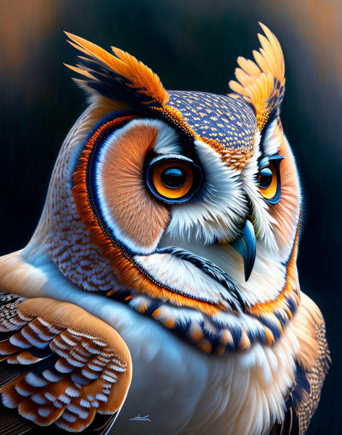 Colorful Owl Illustration with Vibrant Plumage and Intense Eyes