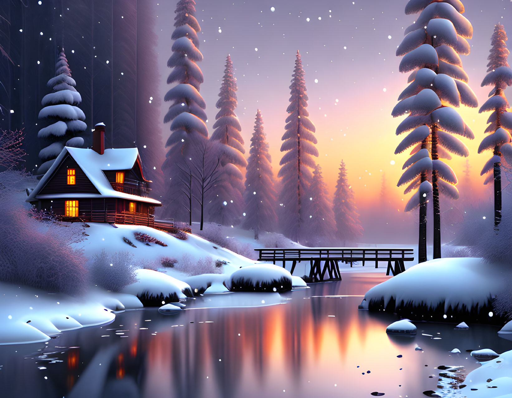 Snow-covered forest cabin near twilight-lit icy lake