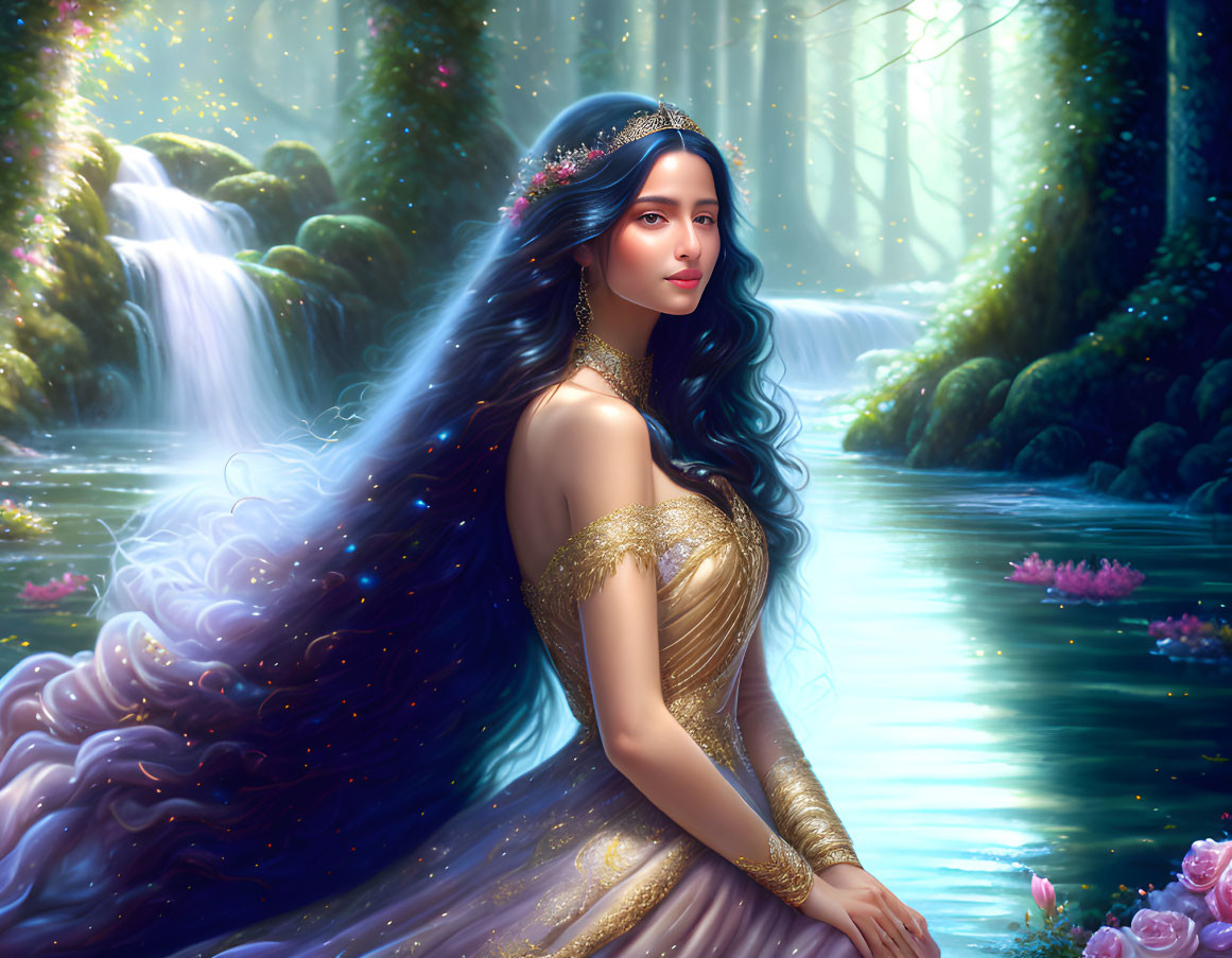 Mystical woman in golden dress in enchanted forest