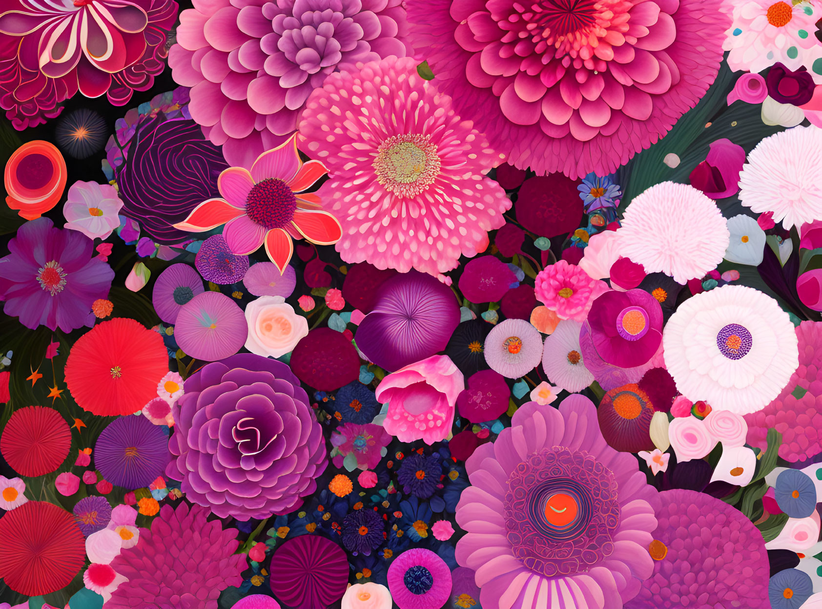 Colorful Floral Illustration with Pink, Purple, and Red Flowers