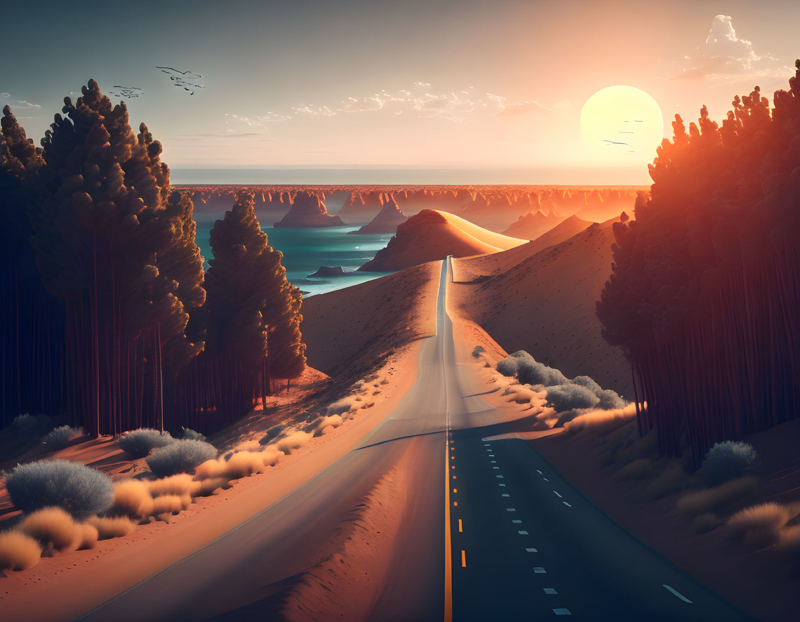 Tranquil sunset landscape with road, forest, desert, lake, and birds