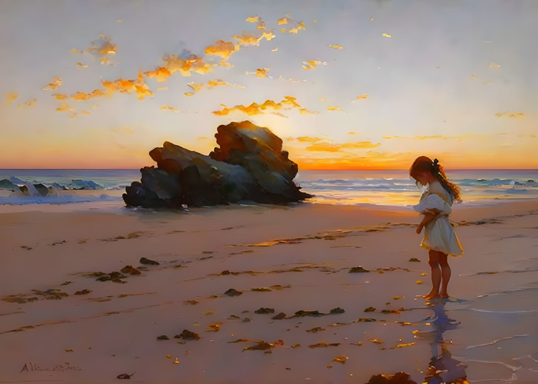 Young girl in white dress on beach at sunset with vibrant clouds and rock formation