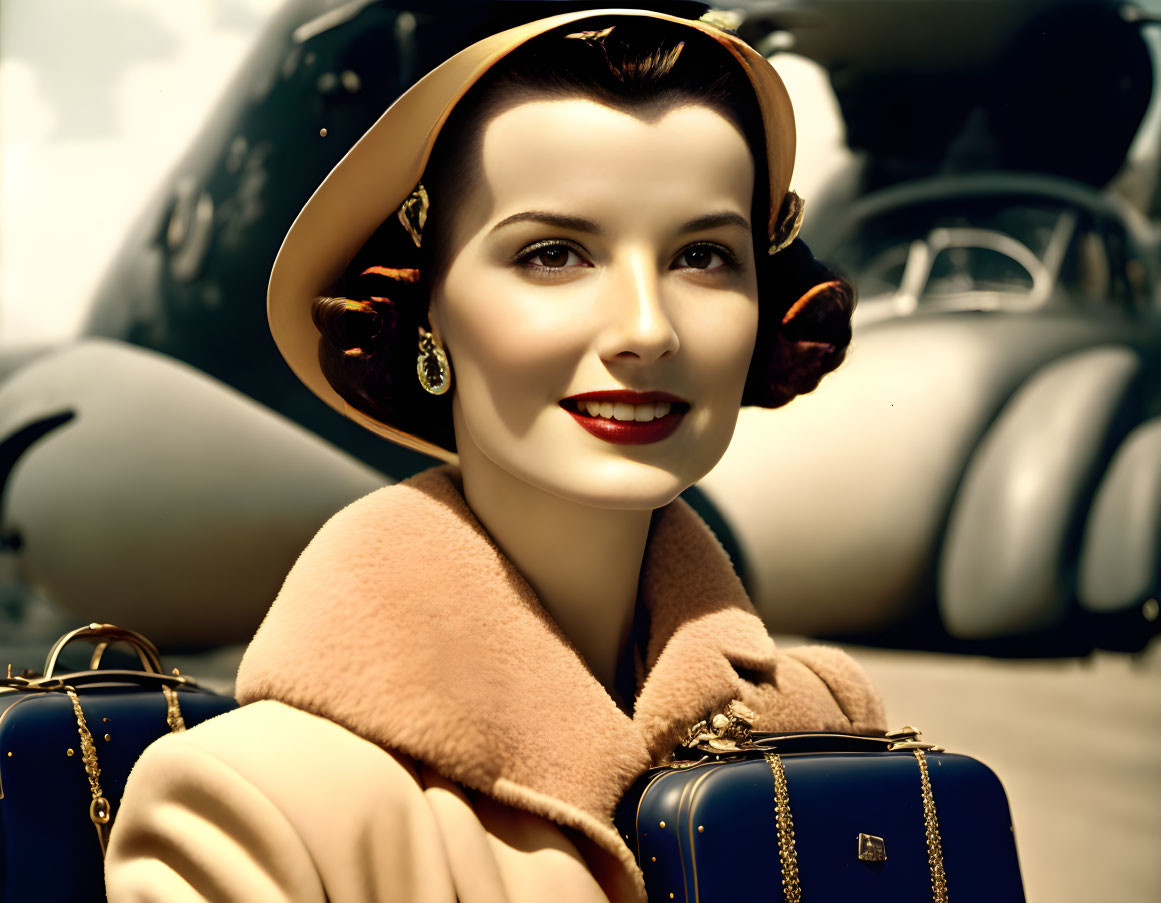 Vintage Portrait of Woman with Styled Hair, Hat, Coat, Suitcase, and Airplane