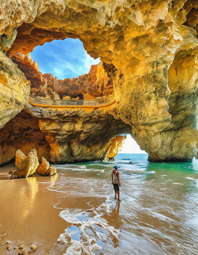 Person admires sea cave with bridge on sandy beach.