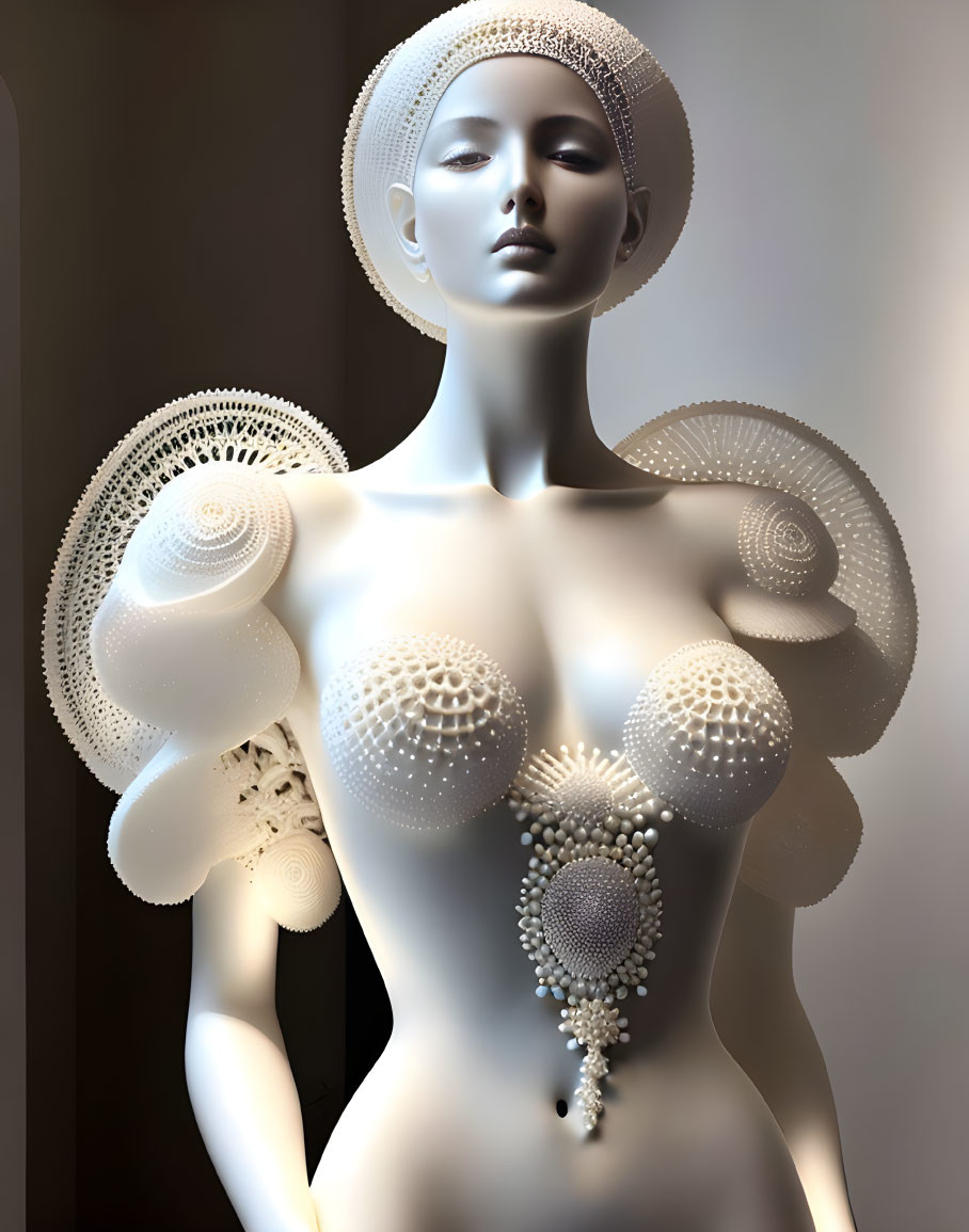 Mannequin-like figure with intricate circular patterns and glossy porcelain finish