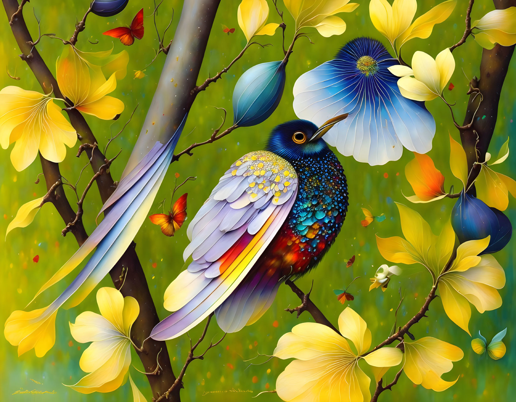 Colorful Bird Painting Among Yellow Blooms with Butterflies on Green Background