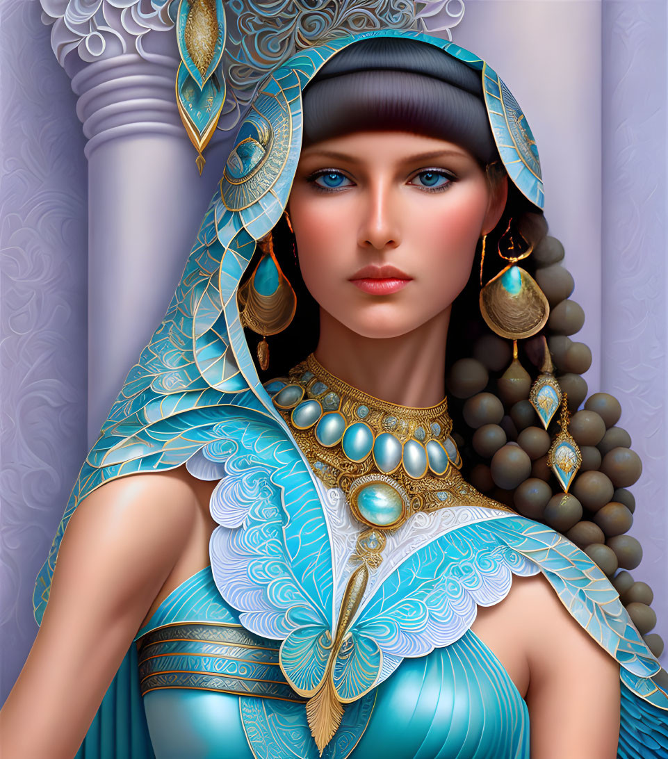 Detailed Cleopatra-inspired woman illustration with gold and turquoise jewelry