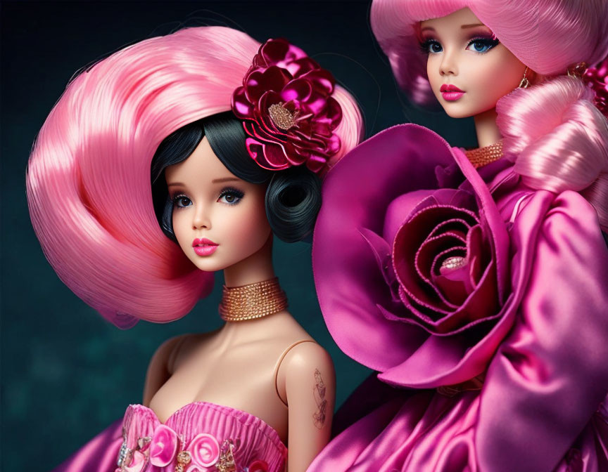 Elaborate pink hairstyles on dolls with floral dresses.