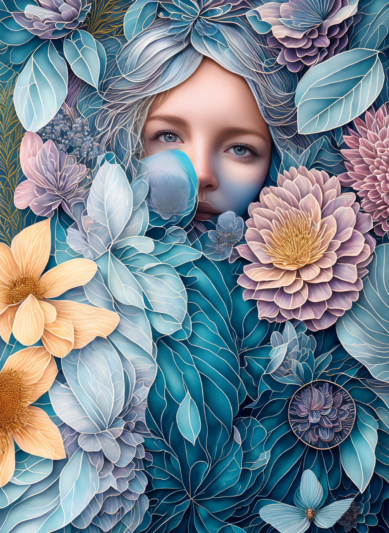 Colorful floral pattern partially hides woman's face in detailed artwork