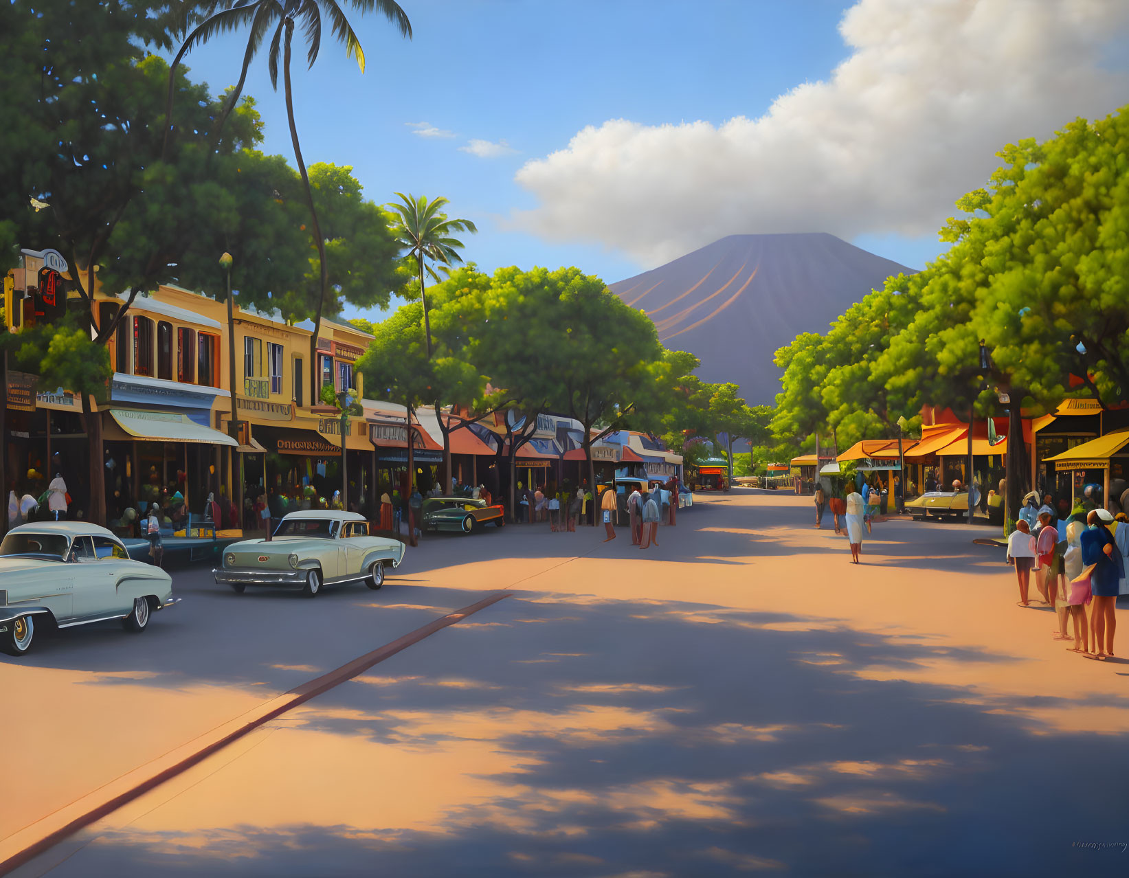 Vintage cars, pedestrians, palm trees, and a volcano in a sunny street scene