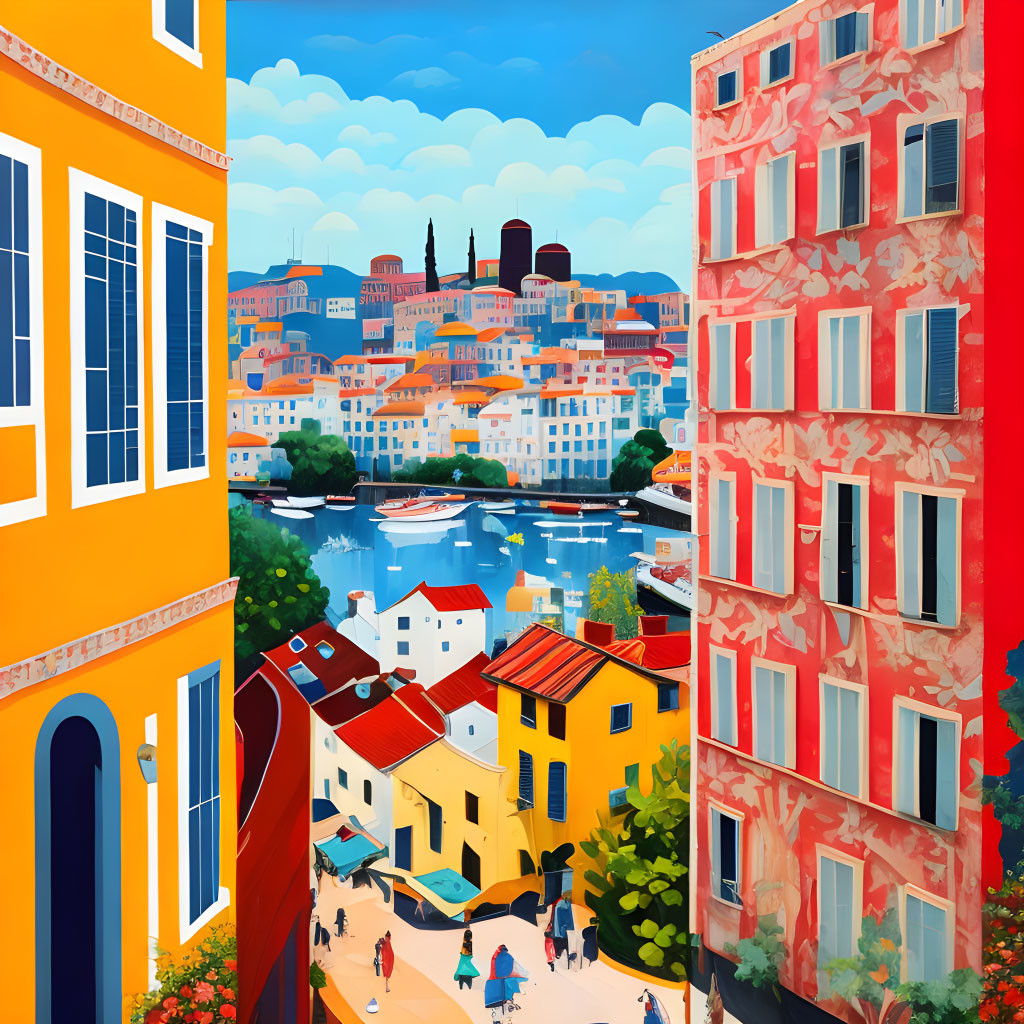 Colorful Coastal Town Painting with Buildings, People, Boats, and Blue Sky