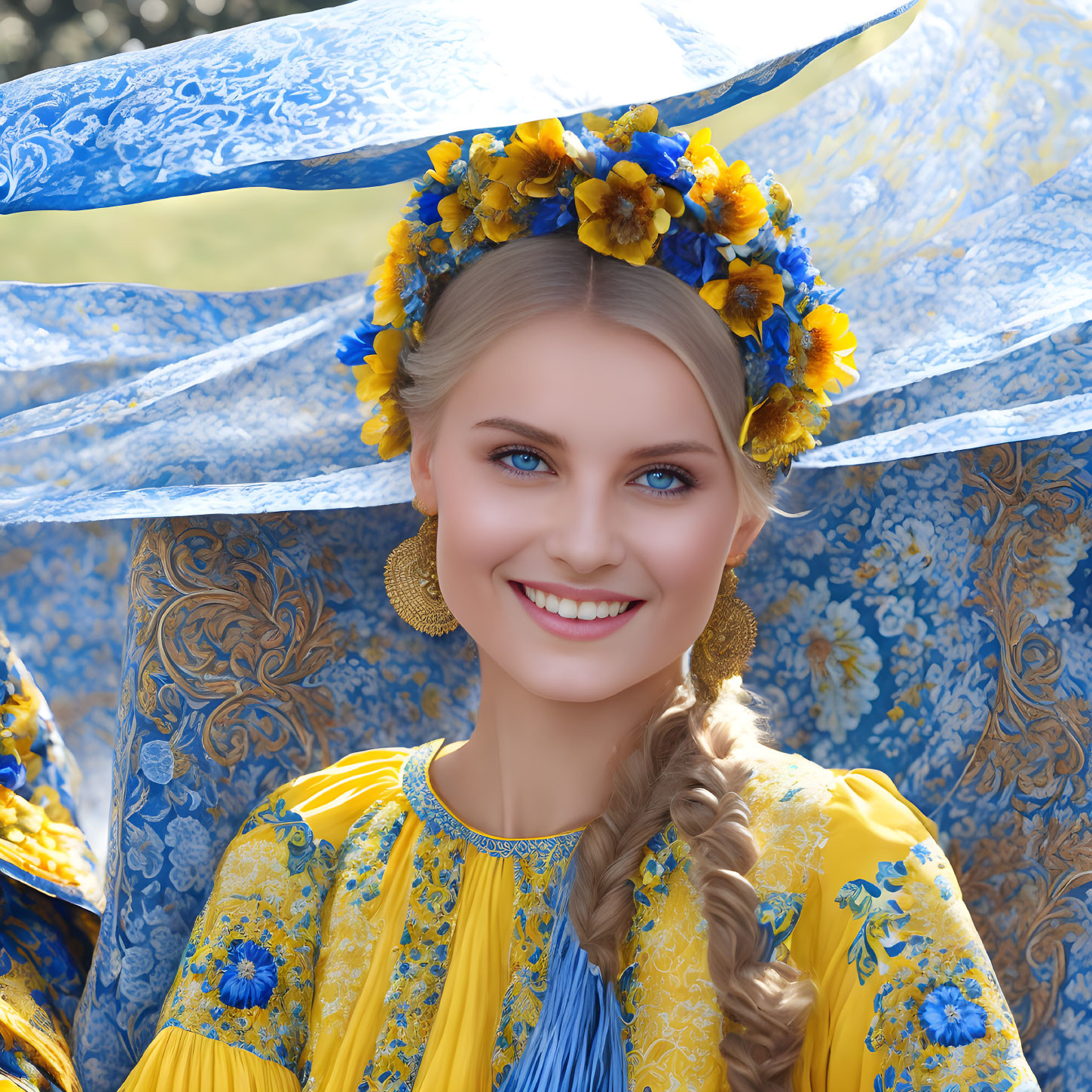 Smiling woman in yellow traditional outfit with blue floral patterns