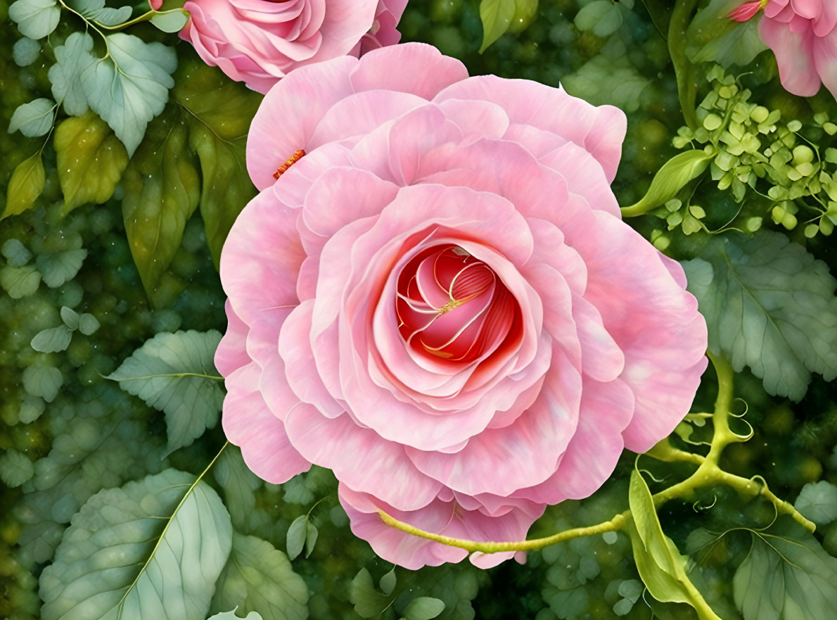 Pink Rose in Full Bloom Surrounded by Green Leaves