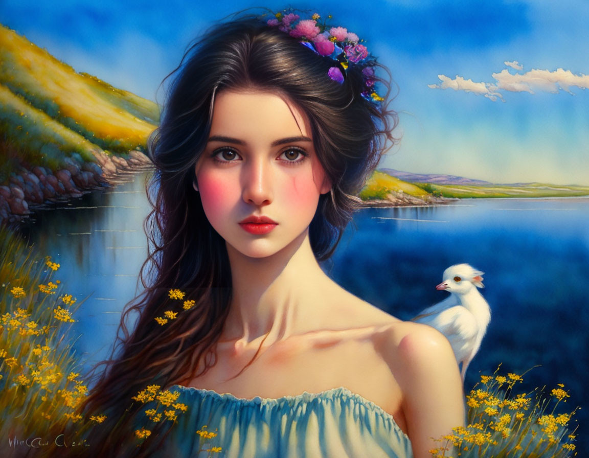 Portrait of young woman with dark hair and flower crown by river with white bird in scenic landscape