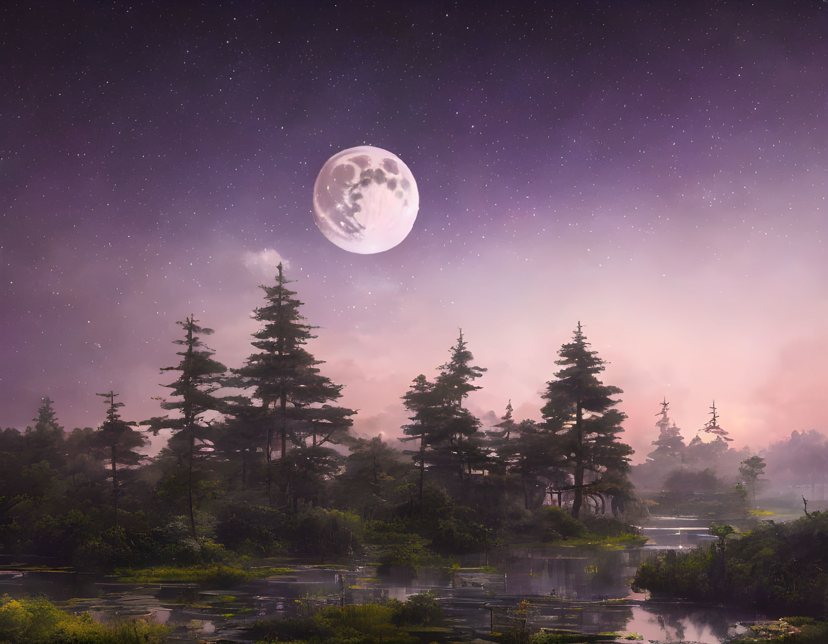 Detailed Moon Over Serene Forest and Misty Marsh at Night