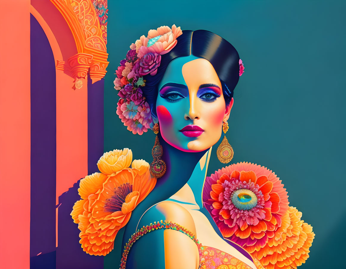 Colorful digital portrait of a woman with floral adornments and Indian architectural backdrop