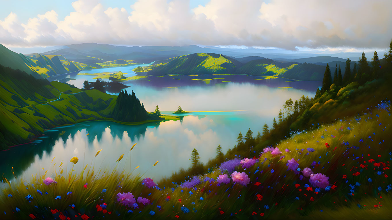 Serene lake landscape with green hills and wildflowers