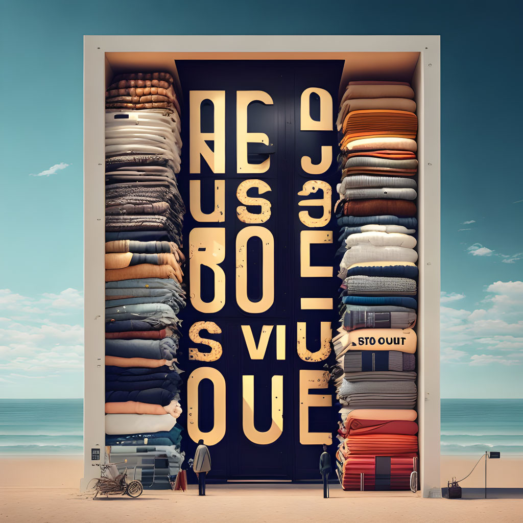 Surreal oversized wardrobe on beach with neat clothes stack and bicycle. Eye-catching typographic door.