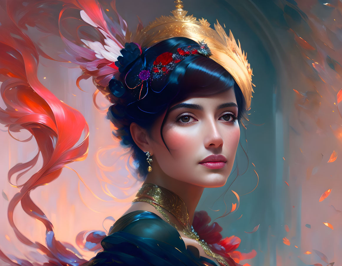 Digital art portrait of woman with feathered headdress, red hair, golden glow, and floating petals