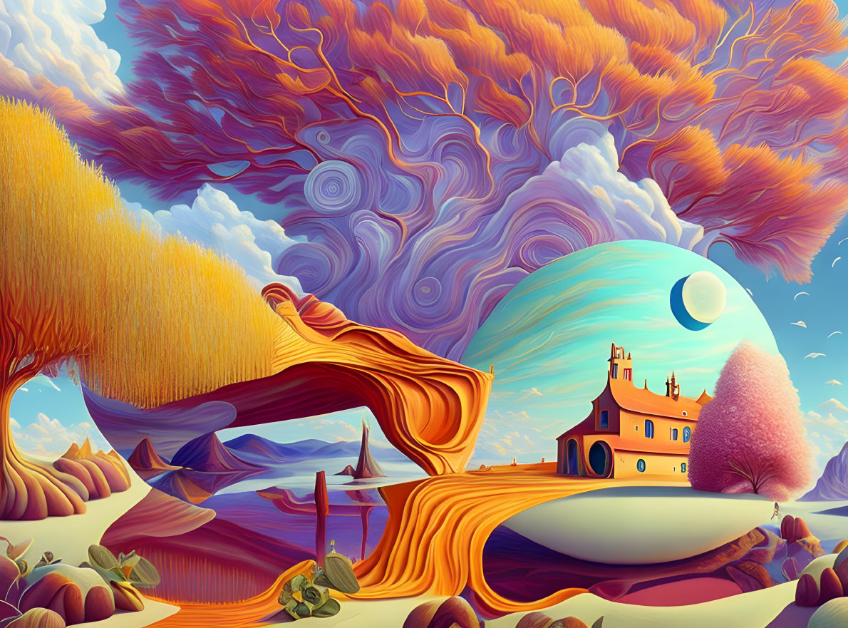 Surreal landscape with oversized moon and whimsical trees